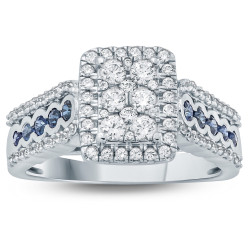 1 Carat Round Blue Natural Sapphire And White Diamond Cluster Engagement Ring In White Gold. - Handcrafted By Name My Rings™