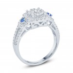 1 Carat Round Natural Blue Sapphire And White Diamond Cluster Engagement Ring In White Gold. - Handcrafted By Name My Rings™