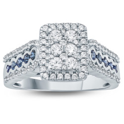 1 Carat Round Natural Blue Sapphire And White Diamond Cluster Engagement Ring In White Gold. - Handcrafted By Name My Rings™