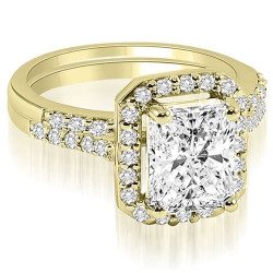 1.06 cttw. Gold Emerald And Round Cut Halo Diamond Bridal Set - Handcrafted By Name My Rings™