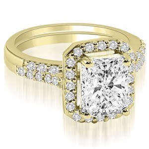 1.06 cttw. Gold Emerald And Round Cut Halo Diamond Bridal Set - Handcrafted By Name My Rings™
