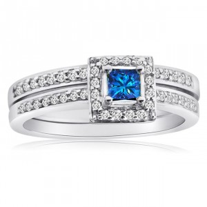 Gold 1/2ct TDW Blue and White Diamond Halo Bridal Ring Set - Handcrafted By Name My Rings™