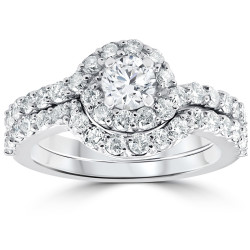 White Gold 1 1/2 ct TDW Diamond Engagement Halo Wedding Curve Ring Set - Handcrafted By Name My Rings™