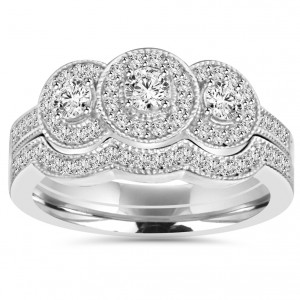 White Gold 1 ct TDW 3-stone Diamond Vintage Engagement Wedding Ring Set - Handcrafted By Name My Rings™