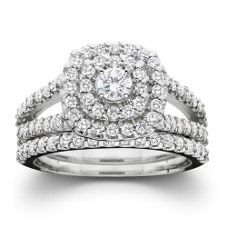 White Gold 1ct TDW Diamond Halo Wedding Ring Set - Handcrafted By Name My Rings™