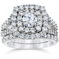 White Gold 2ct TDW Diamond Double Halo Wedding Ring Set - Handcrafted By Name My Rings™