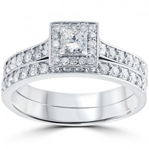 White Gold 3/4 cttw Princess Cut Diamond Halo Engagement Wedding Ring Set - Handcrafted By Name My Rings™