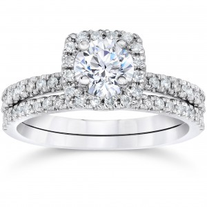 White Gold 5/8ct TDW Engagement Cushion Halo Wedding Ring Set - Handcrafted By Name My Rings™