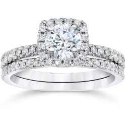 White Gold 5/8ct TDW Engagement Cushion Halo Wedding Ring Set - Handcrafted By Name My Rings™