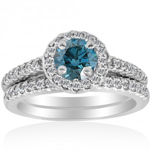 White Gold 7/8ct Round Halo Blue Diamond Engagement Matching Ring Wedding Band Set - Handcrafted By Name My Rings™
