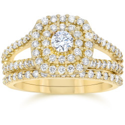 Gold 1 1/ 10 ct TDW Diamond Cushion Halo Engagement Ring Set - Handcrafted By Name My Rings™