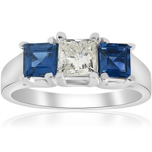 White Gold  1 1/2ct Princess Cut Diamond & Blue Sapphire 3 Stone Ring - Handcrafted By Name My Rings™