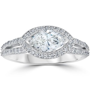 White Gold 1 3/8 ct TDW Sideways Marquise Enhanced Diamond Halo Engagement Ring - Handcrafted By Name My Rings™