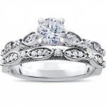 White Gold 1 ct TDW Vintage Diamond Engagement Antique Wedding Matching Ring Set - Handcrafted By Name My Rings™