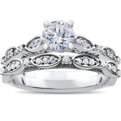 White Gold 1 ct TDW Vintage Diamond Engagement Antique Wedding Matching Ring Set - Handcrafted By Name My Rings™