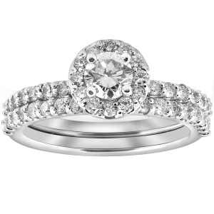 White Gold 1 cttw Diamond Round Halo Engagement Wedding Ring Set - Handcrafted By Name My Rings™
