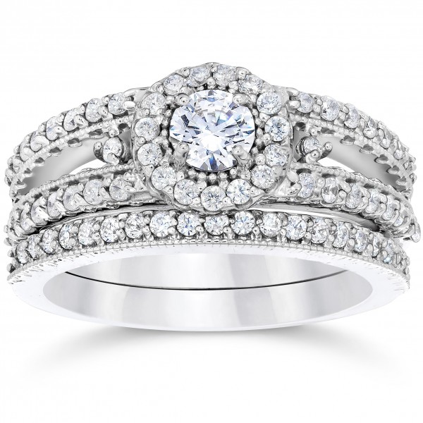 White Gold 1ct TDW Vintage Halo Diamond Engagement Wedding Ring Set - Handcrafted By Name My Rings™