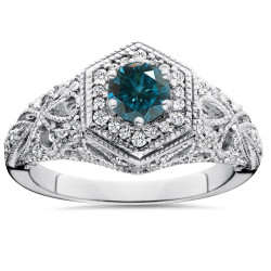 White Gold 3/4 ct TDW Blue & White Diamond Vintage Halo Antique Filigree Engagement Ring - Handcrafted By Name My Rings™