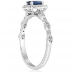 White Gold 3/4 ct TDW Blue Sapphire & White Diamond Vintage Halo Antique Filigree Engagement Ring - Handcrafted By Name My Rings™