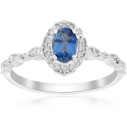 White Gold 3/4 ct TDW Blue Sapphire & White Diamond Vintage Halo Antique Filigree Engagement Ring - Handcrafted By Name My Rings™