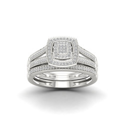 1/4ct TDW Diamond Cluster Halo Bridal Set in Sterling Silver - Handcrafted By Name My Rings™