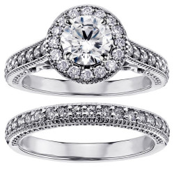 14k/ White Gold 1 3/4ct TDW White Diamond Halo Engagement Bridal Ring Set - Handcrafted By Name My Rings™