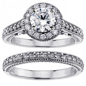 14k/ White Gold 1 3/4ct TDW White Diamond Halo Engagement Bridal Ring Set - Handcrafted By Name My Rings™