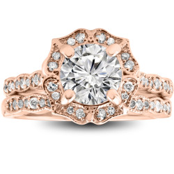 Rose Gold 2 cttw Diamond Clarity Enhanced Halo Vintage Engagement Ring & Wedding Band - Handcrafted By Name My Rings™