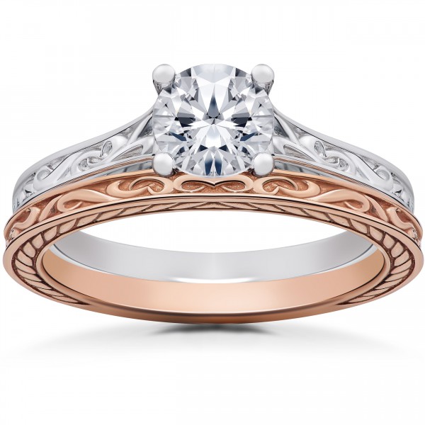 White & Rose Gold 1 ct Vintage Scroll Solitaire Lab Grown Engagement Ring & Matching Wedding Band - Handcrafted By Name My Rings™