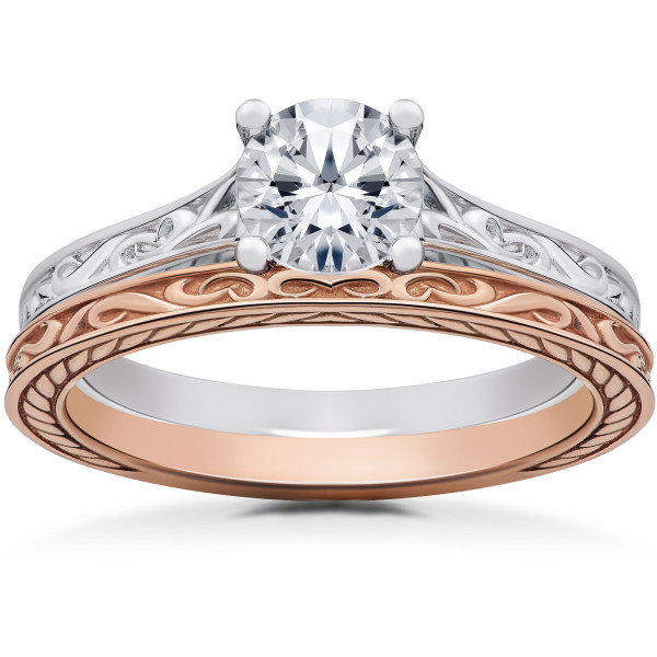 White & Rose Gold 1 ct Vintage Scroll Solitaire Lab Grown Engagement Ring & Matching Wedding Band - Handcrafted By Name My Rings™