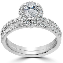 White Gold 1 1/10ct TDW Pear Shape Halo Diamond Engagement Wedding Ring Set - Handcrafted By Name My Rings™