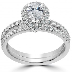 White Gold 1 1/10ct TDW Pear Shape Halo Diamond Engagement Wedding Ring Set - Handcrafted By Name My Rings™