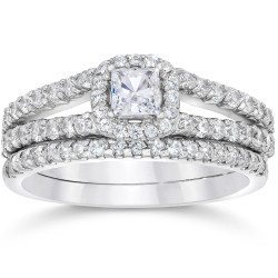 White Gold 1 1/10ct TDW Princess Cut Diamond Halo Engagement Wedding Ring Set - Handcrafted By Name My Rings™