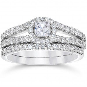 White Gold 1 1/10ct TDW Princess Cut Diamond Halo Engagement Wedding Ring Set - Handcrafted By Name My Rings™