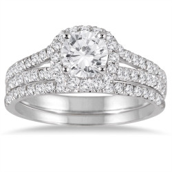 White Gold 1 1/2ct TDW Round Diamond Halo Bridal Set - Handcrafted By Name My Rings™