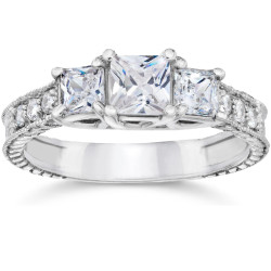 White Gold 1 1/2ct TDW Vintage Three Stone Princess Cut Diamond Engagement Ring - Handcrafted By Name My Rings™