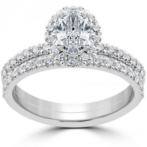 White Gold 1 1/4 ct Oval Halo Diamond Engagement Wedding Ring Set - Handcrafted By Name My Rings™