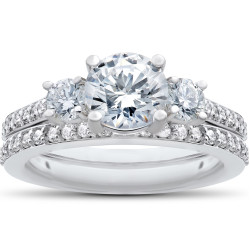 White Gold 1 1/4 ct Round 3-Stone Eco Friendly Lab Grown Diamond Engagement Ring & Matching Wedding Band - Handcrafted By Name My Rings™