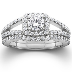 White Gold 1 1/5ct TDW Split Shank Halo Diamond Engagement Wedding Ring Set - Handcrafted By Name My Rings™