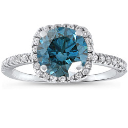 White Gold 1 3/4 ct TDW Blue Diamond Cushion Halo Engagement Ring With Accents - Handcrafted By Name My Rings™