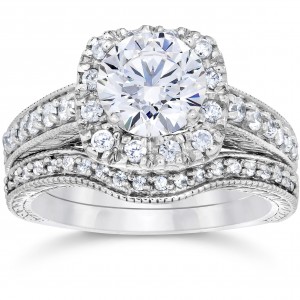 White Gold 1 3/4ct Clarity Enhanced Cushion-cut Diamond Halo Vintage Bridal Set - Handcrafted By Name My Rings™