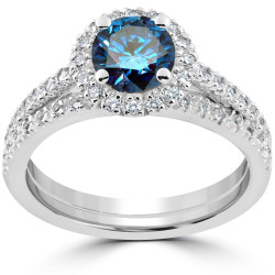 White Gold 1 3/8 ct TDW Blue & White Diamond Engagement Ring & Matching Wedding Band Set - Handcrafted By Name My Rings™