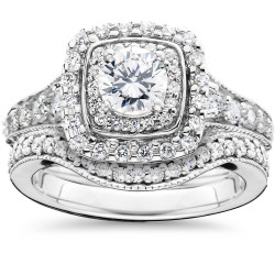 White Gold 1 5/ 8ct TDW Double Halo Vintage Engagement Wedding Ring Set - Handcrafted By Name My Rings™