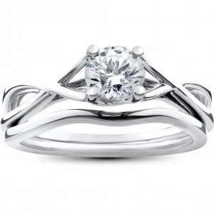 White Gold 1/2ct Intertwined Solitaire Diamond Engagement Ring Matching Wedding Band Set - Handcrafted By Name My Rings™