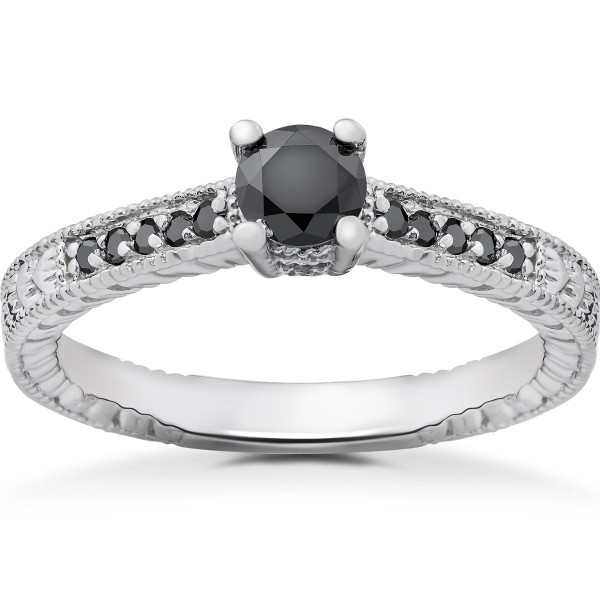 White Gold 1/2ct TDW Black Diamond Vintage Engagement Ring - Handcrafted By Name My Rings™