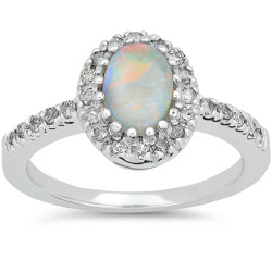 White Gold 1/4ct TDW Oval Opal & Diamond Halo Engagement Ring - Handcrafted By Name My Rings™