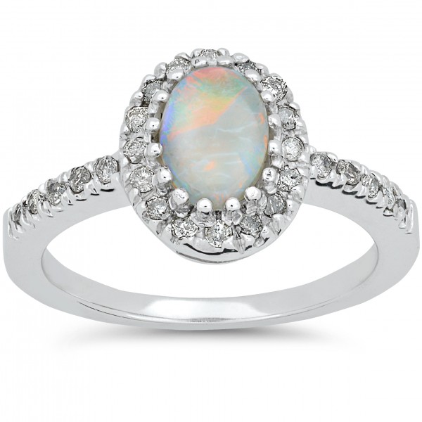 White Gold 1/4ct TDW Oval Opal & Diamond Halo Engagement Ring - Handcrafted By Name My Rings™