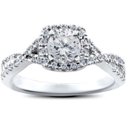 White Gold 1ct TDW Cushion Halo Diamond Twist Engagement Ring - Handcrafted By Name My Rings™