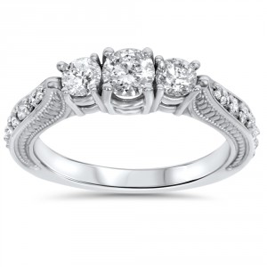 White Gold 1ct TDW Diamond 3-stone Vintage Engagement Ring - Handcrafted By Name My Rings™