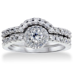 White Gold 1ct TDW Diamond Halo Bridal Set - Handcrafted By Name My Rings™
